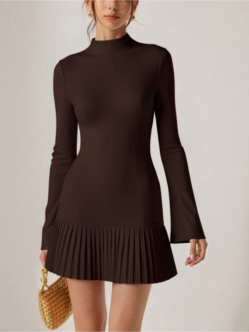 Commense Brown Long-Sleeve Pleated-Hem Dress